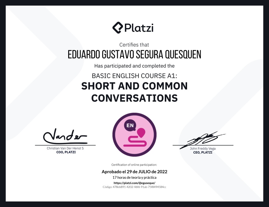 Diploma del Curso de Inglés Básico A1: Conversaciones Cortas y Habituales (2020)