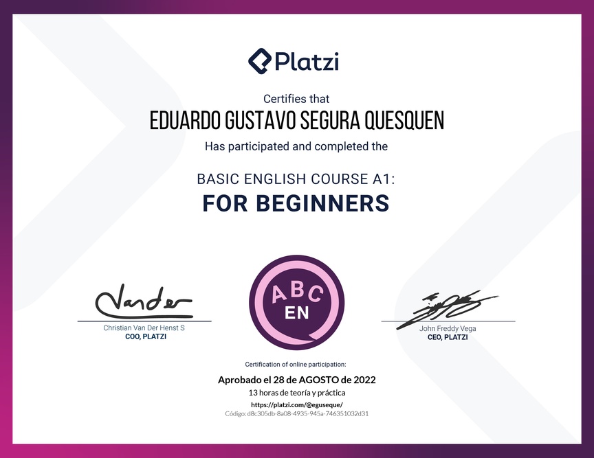 Diploma del Curso de Inglés Básico para Principiantes - (2022)