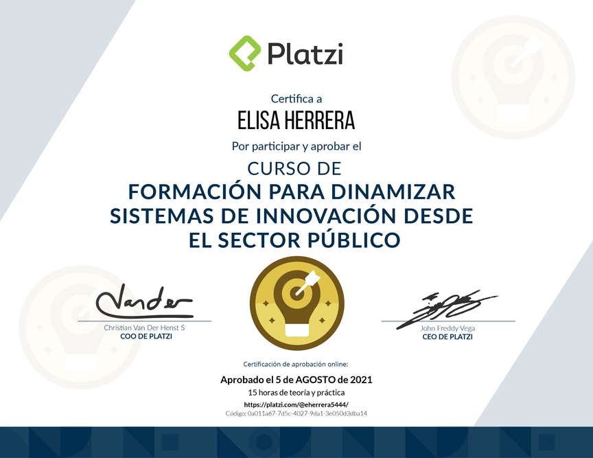 Diploma del Curso de Formación para Dinamizar Sistemas de Innovación desde el Sector Público