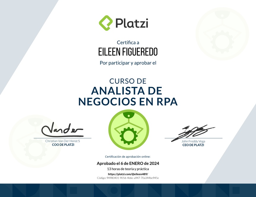 Diploma del Curso de Business Analyst para RPA