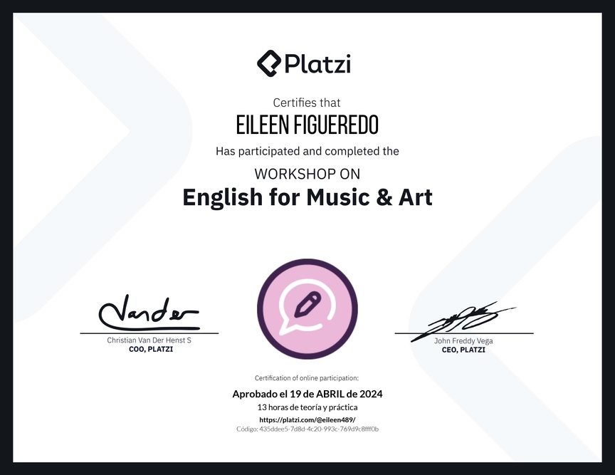Diploma del Curso de Inglés Práctico sobre Vocabulario de Música y Arte