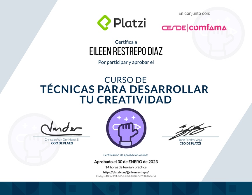 Diploma del Curso para Desarrollar tu Creatividad: Técnicas y Hábitos