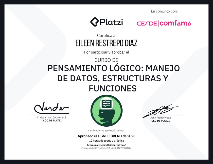 Diploma del Curso de Pensamiento Lógico: Manejo de Datos, Estructuras y Funciones
