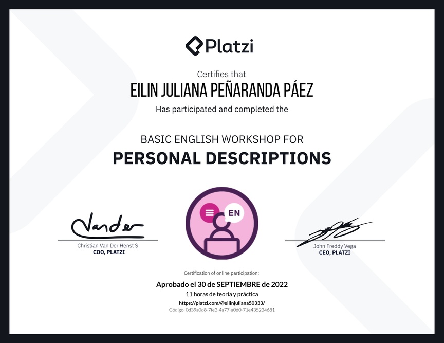 Diploma del Curso de Inglés Práctico para Descripciones Personales (2020=