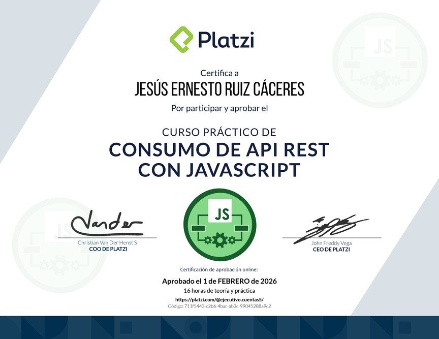 Diploma del Curso de API REST con Javascript: Ejemplos con APIs reales