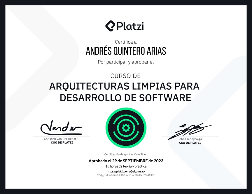 Diploma del Curso de Arquitecturas Limpias para Desarrollo de Software