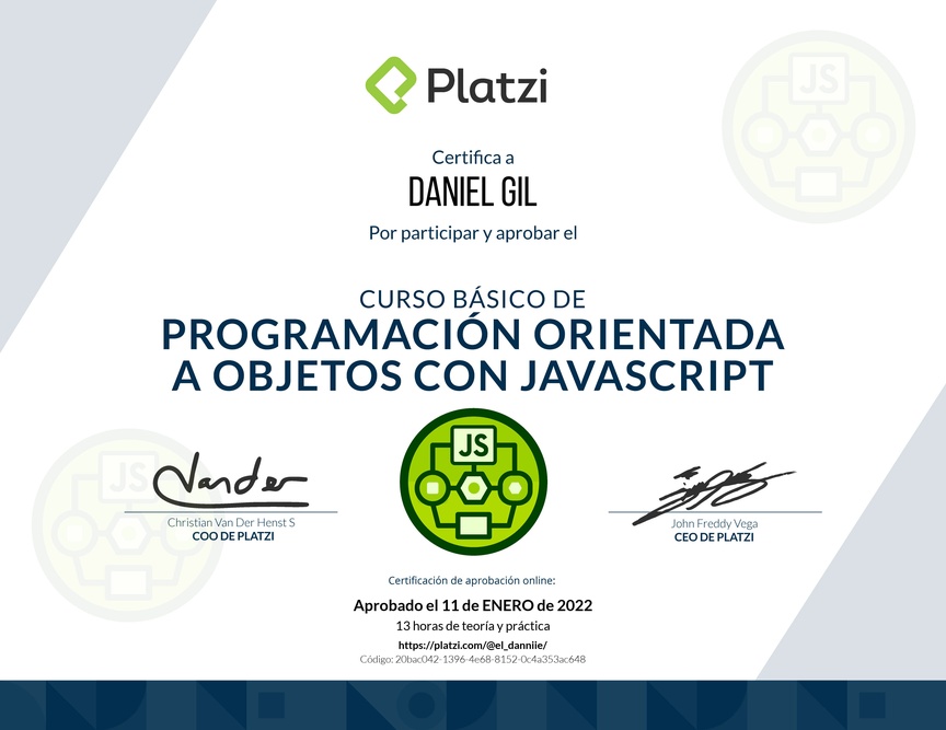 Diploma del Curso Básico de Programación Orientada a Objetos con JavaScript