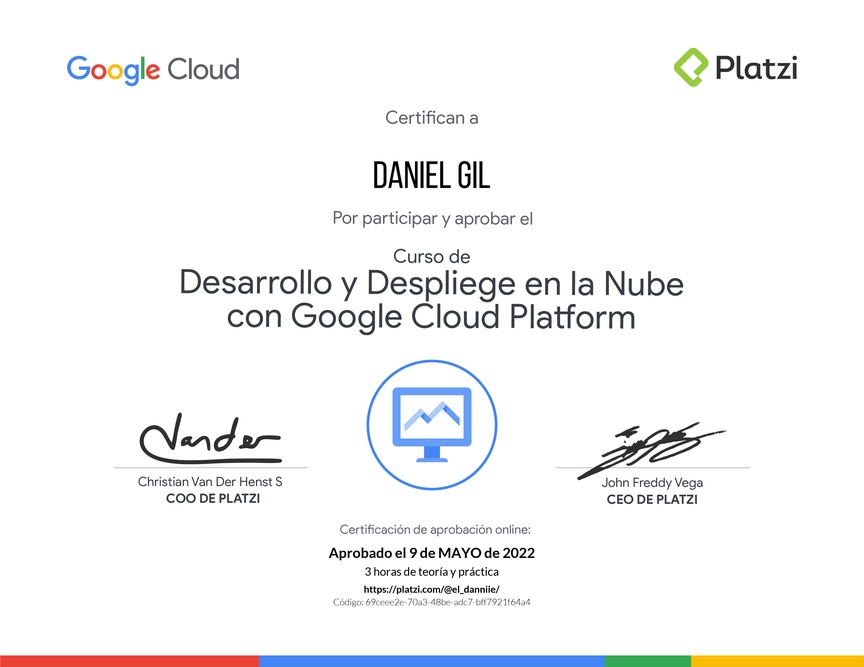 Diploma del Curso de Desarrollo y Despliegue en la Nube con Google Cloud Platform