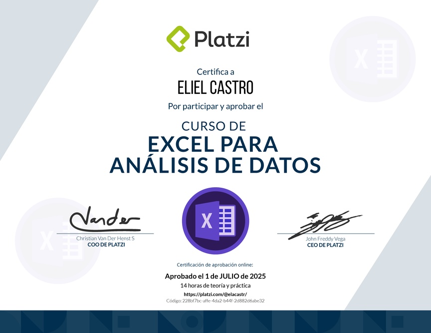 Diploma del Curso de Excel para el Análisis de Datos