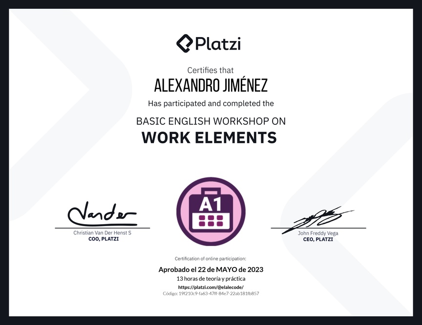 Diploma del Curso de Inglés Práctico sobre Elementos de Trabajo