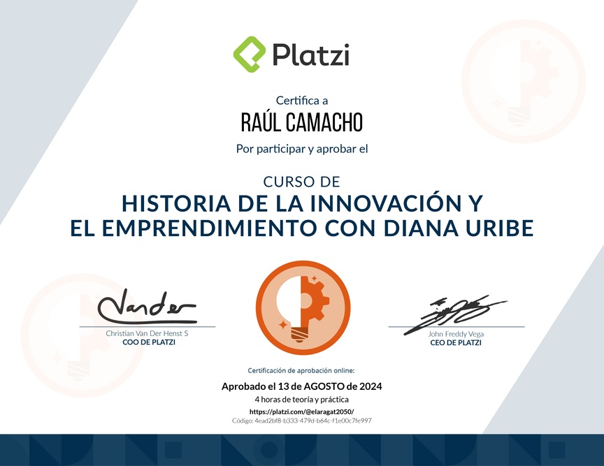 Diploma del Curso de Historia de la Innovación y el Emprendimiento con Diana Uribe