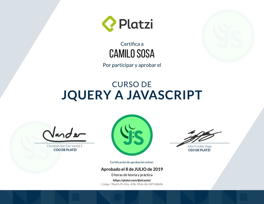 Diploma del Curso de jQuery a JavaScript 2018