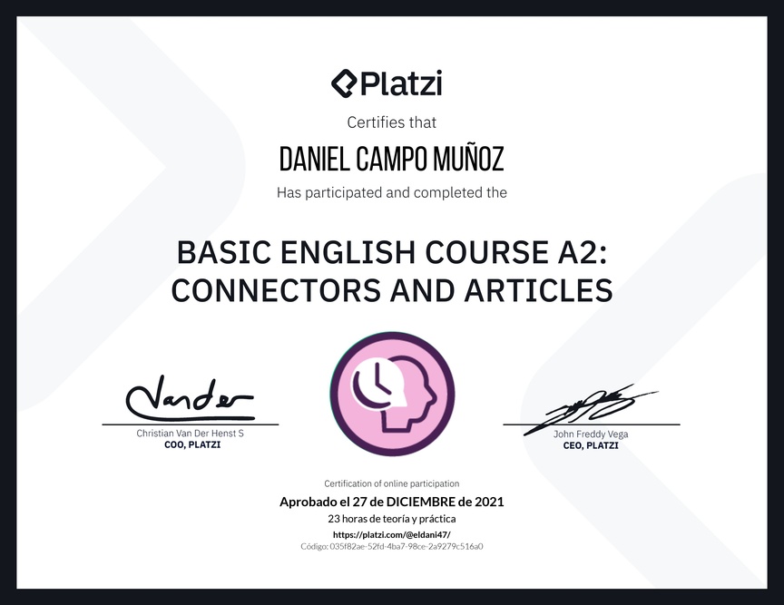 Diploma del Curso de Inglés Básico A2: Conectores y Artículos
