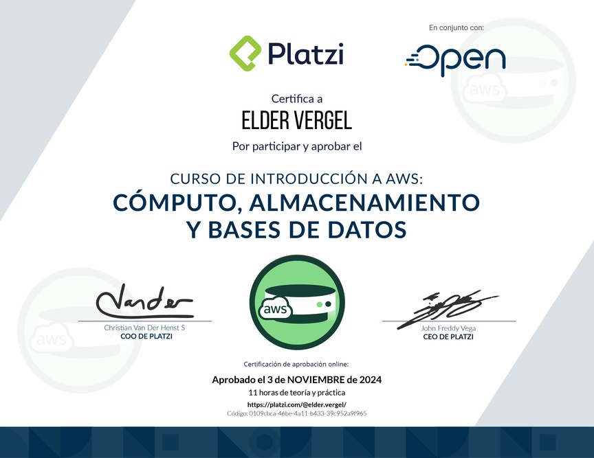 Diploma del Curso de Introducción a AWS: Cómputo, Almacenamiento y Bases de Datos