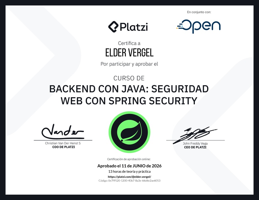 Diploma del Curso de Java Spring Security: Autenticación y Seguridad Web