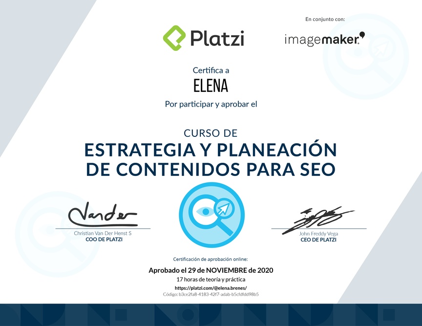 Diploma del Curso de Estrategia y Planeación de Contenidos para SEO (2020)