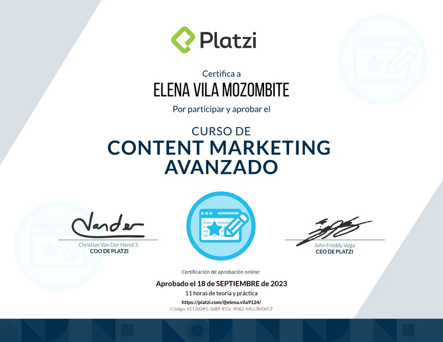 Diploma del Curso de Desarrollo de Estrategias de Content Marketing