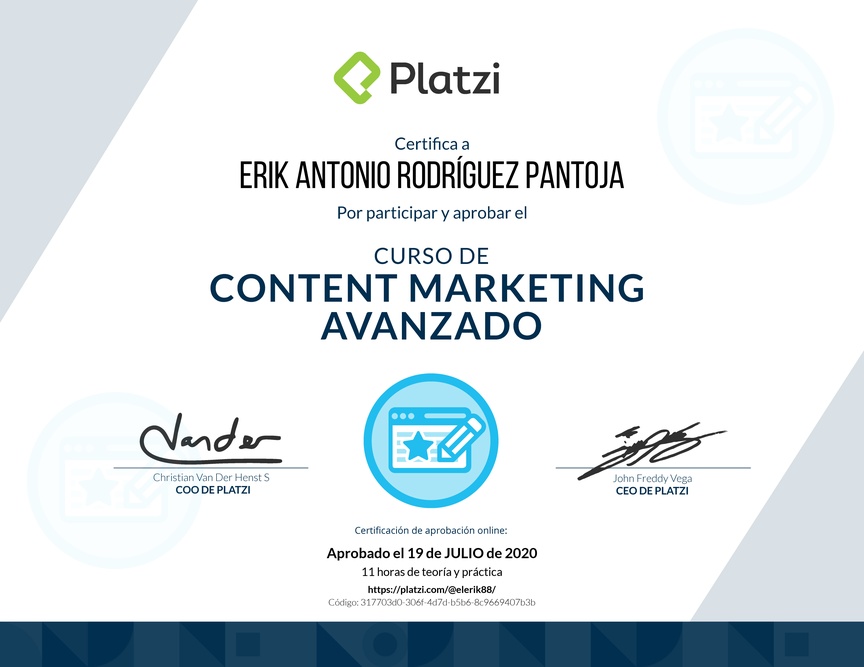 Diploma del Curso de Desarrollo de Estrategias de Content Marketing