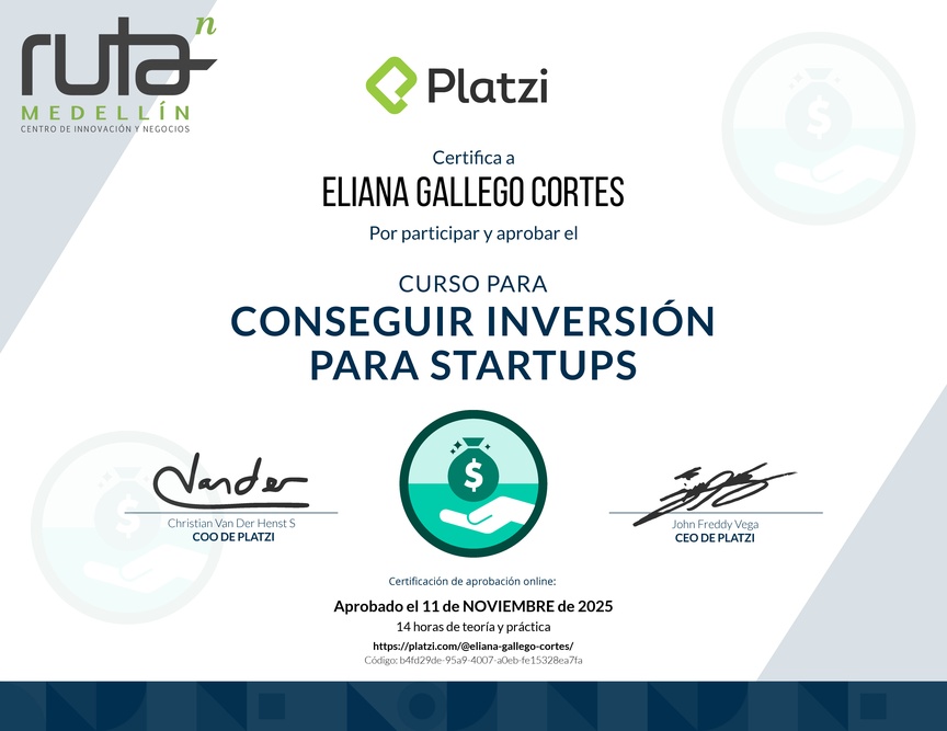 Diploma del Curso para Conseguir Inversión para Startups en Etapa Temprana