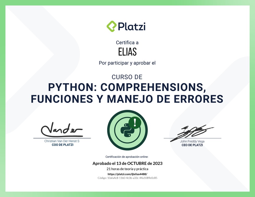 Diploma del Curso de Python: Comprehensions, Funciones y Manejo de Errores