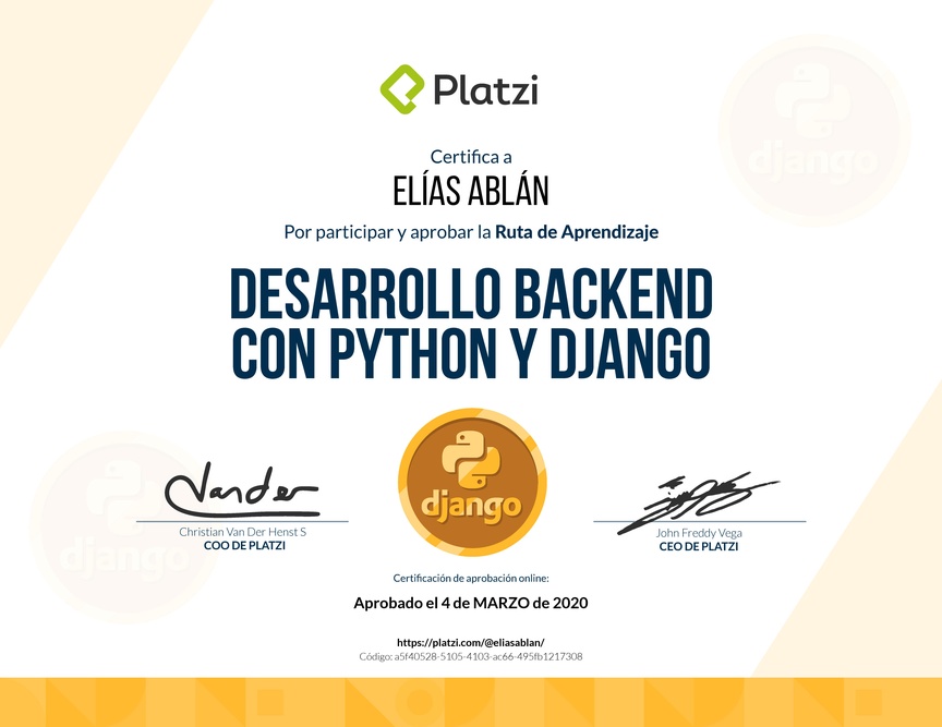Diploma de la Ruta de Aprendizaje de Desarrollo Backend con Python y Django