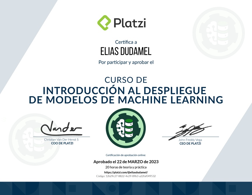 Diploma del Curso de Introducción al Despliegue de Modelos de Machine Learning