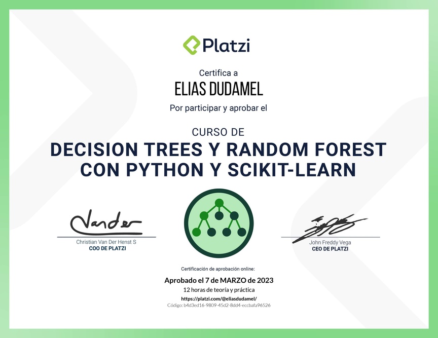 Diploma del Curso de Decision Trees y Random Forest con Python y scikit-learn