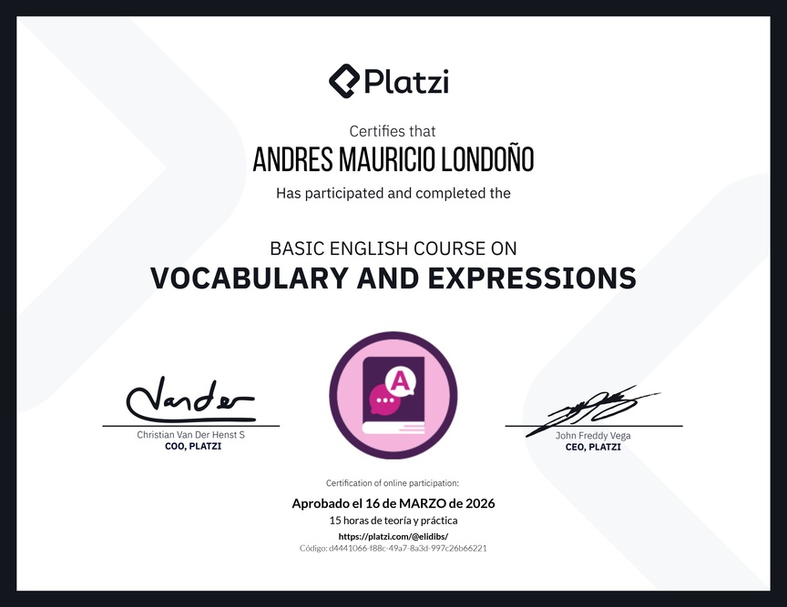 Diploma del Curso Básico de Vocabulario y Expresiones en Inglés