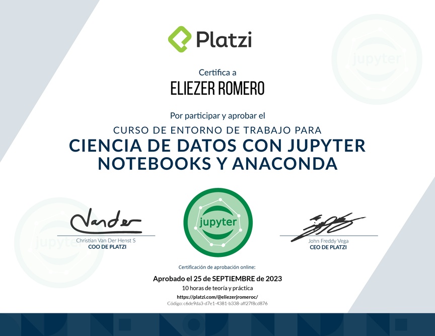 Diploma del Curso de Entorno de Trabajo para Ciencia de Datos con Jupyter Notebooks y Anaconda