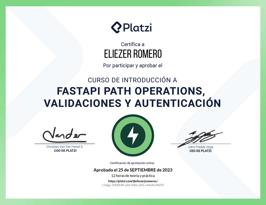 Diploma del Curso de FastAPI: Introducción, Operaciones, Validaciones y Autenticación
