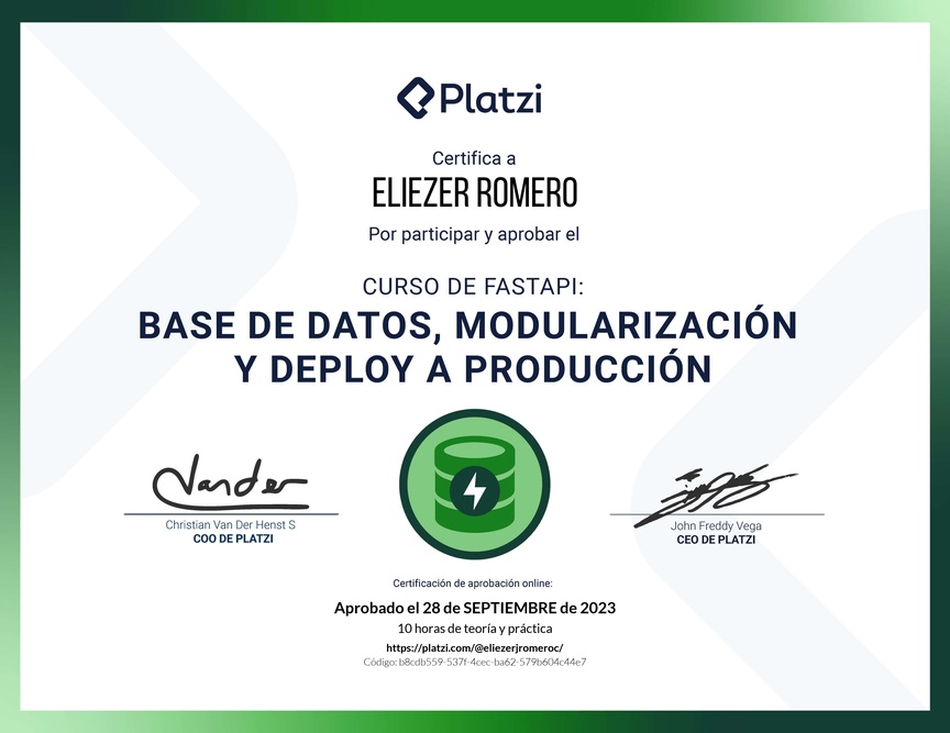 Diploma del Curso de FastAPI: Base de Datos, Modularización y Deploy a Producción