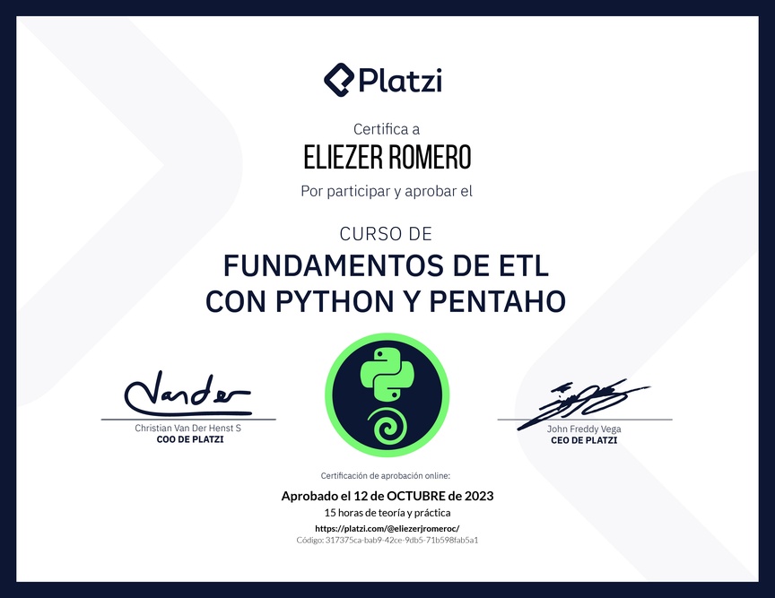 Diploma del Curso de Fundamentos de ETL con Python y Pentaho