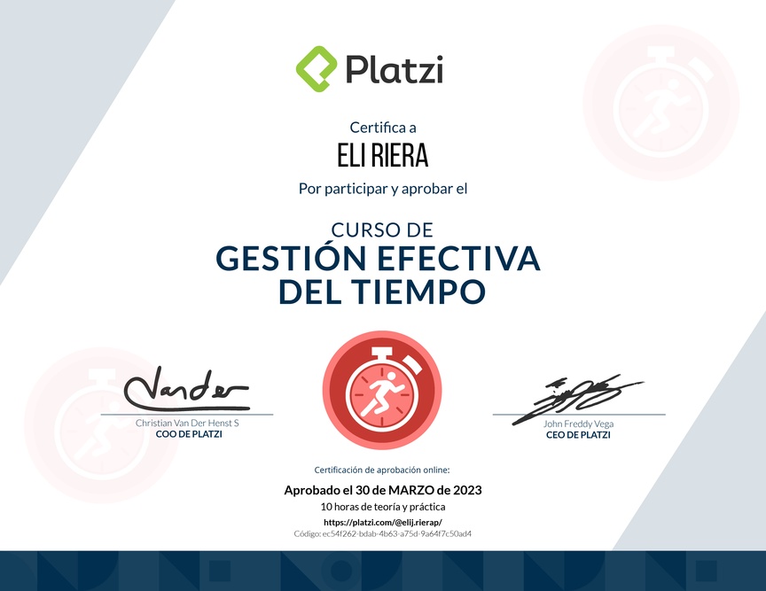 Diploma del Curso de Gestión Efectiva del Tiempo