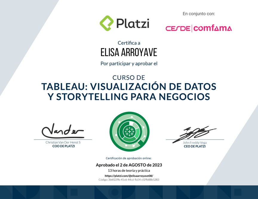 Diploma del Curso de Tableau: Visualización de Datos y Storytelling para Negocios