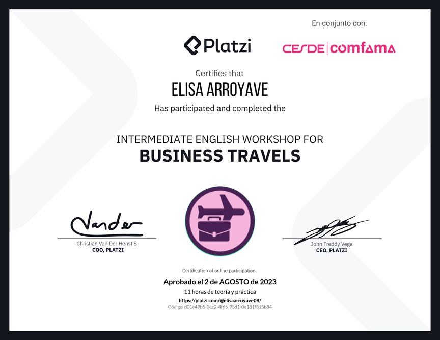 Diploma del Curso de Inglés Práctico para Viajes de Negocios