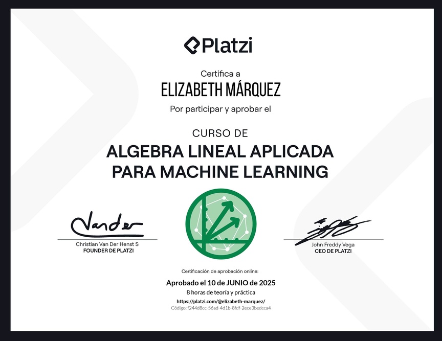 Diploma del Curso de Álgebra Lineal Aplicada para Machine Learning