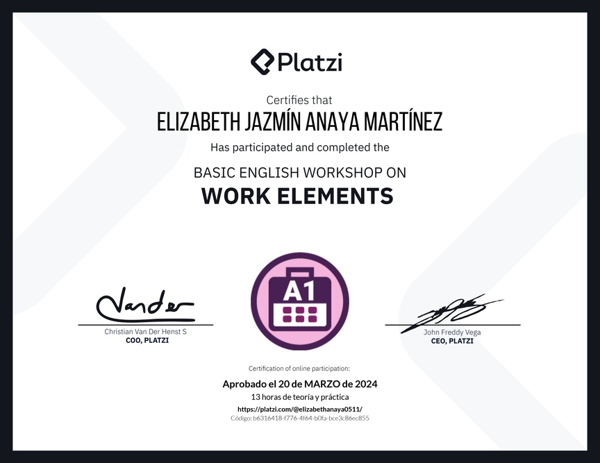 Diploma del Curso de Inglés Práctico sobre Elementos de Trabajo