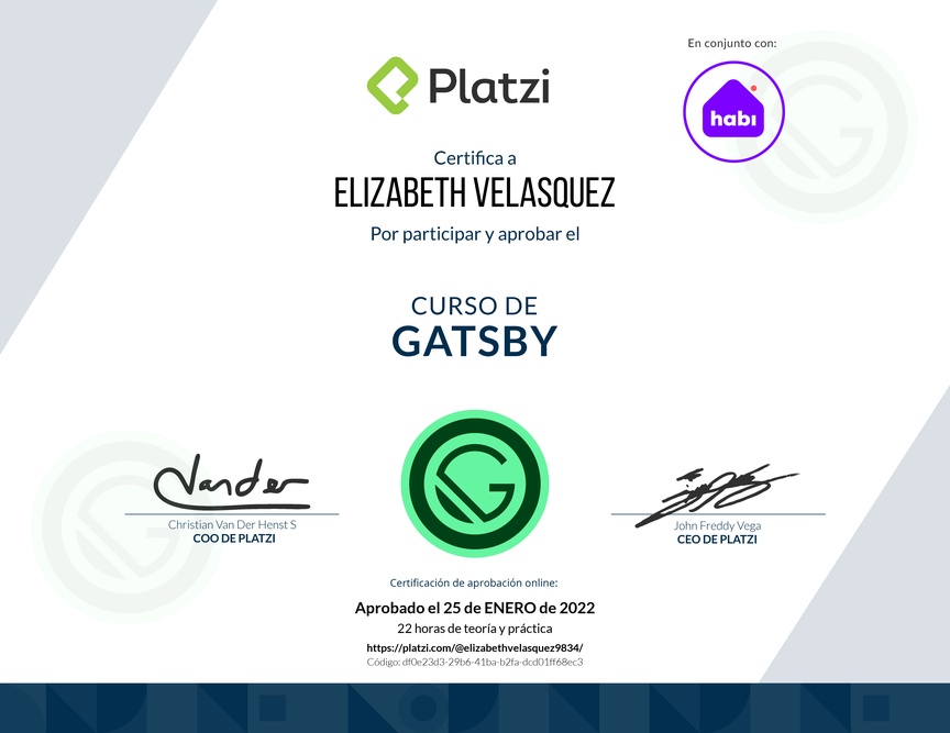 Diploma del Curso de Desarrollo de Aplicaciones Web con Gatsby JS
