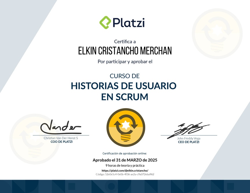 Diploma del Curso de Historias de Usuario en Scrum