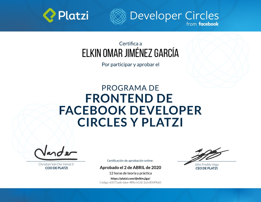Diploma de Beca Facebook Developer Circles y Platzi
