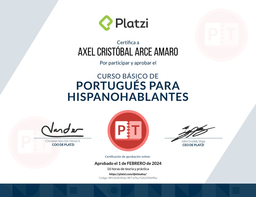 Diploma del Curso de Portugués para Hispanohablantes