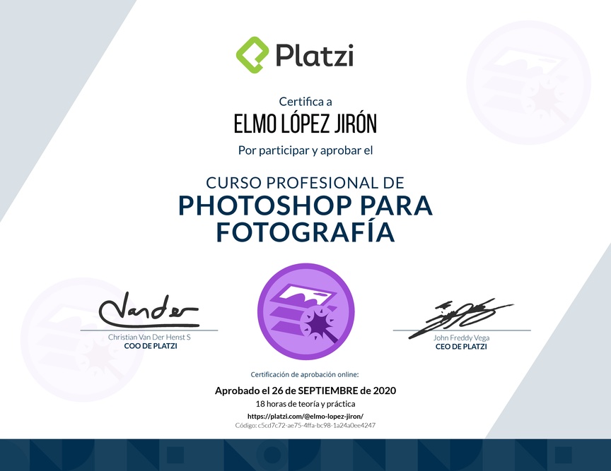 Diploma del Curso de edición de fotografías con Photoshop