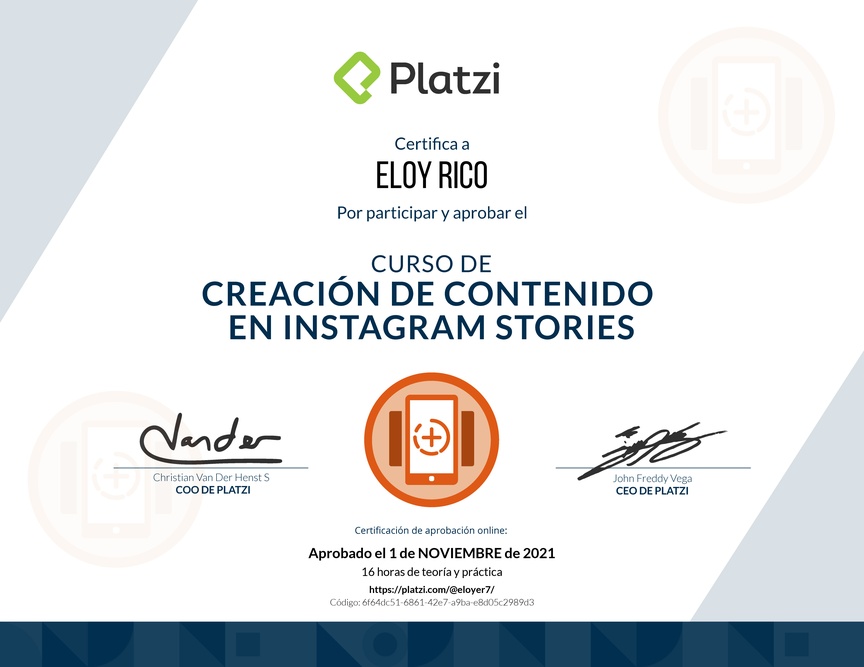Diploma del Curso de Diseño y Edición de Instagram Stories