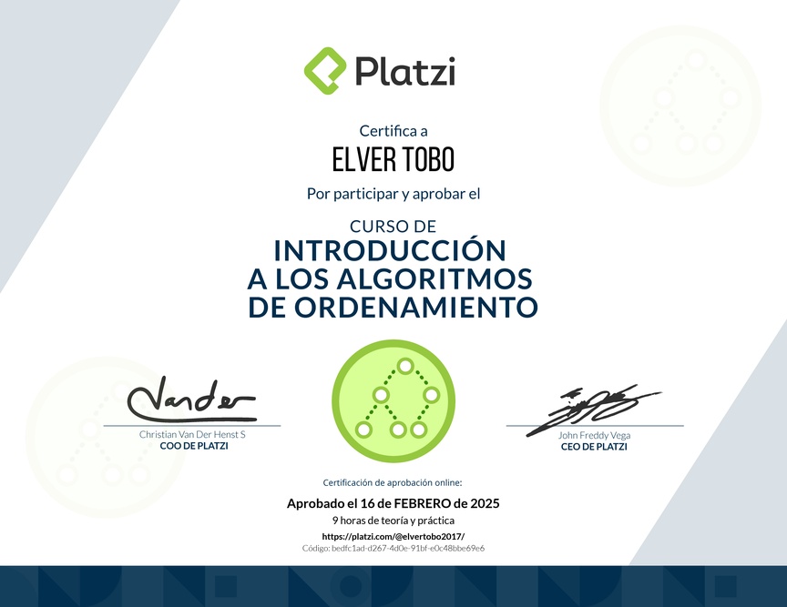 Diploma del Curso de Introducción a los Algoritmos de Ordenamiento