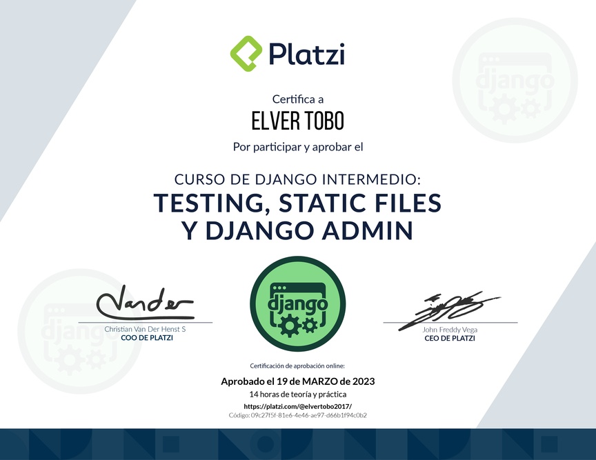 Diploma del Curso de Django Intermedio: Testing, Static Files, Django Admin