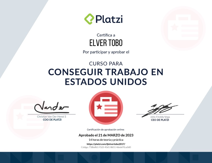 Diploma del Curso para Conseguir Trabajo en Estados Unidos