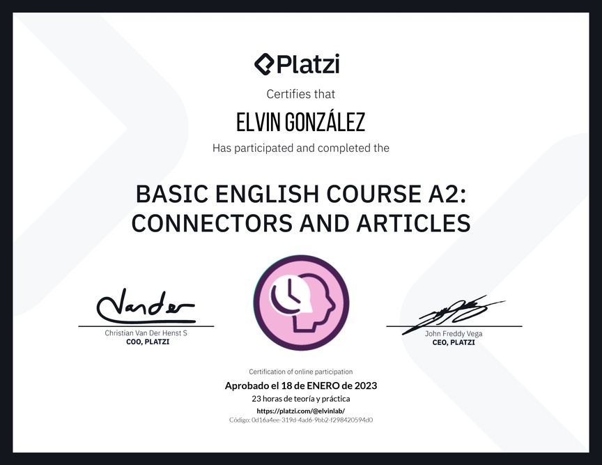 Diploma del Curso de Inglés Básico A2: Conectores y Artículos