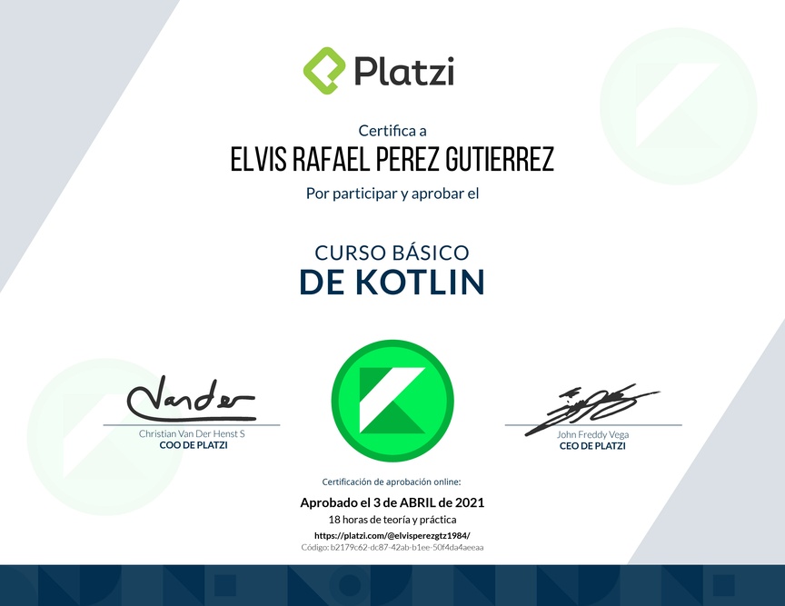 Diploma del Curso Básico de Kotlin 2019