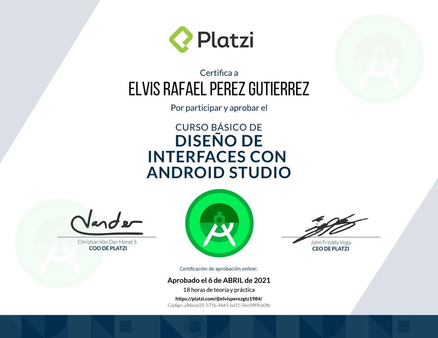 Diploma del Curso Básico de Diseño de Interfaces con Android Studio