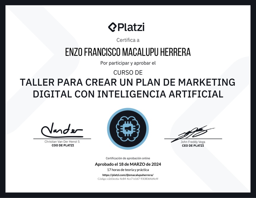 Diploma de Taller para Crear un Plan de Marketing Digital con Inteligencia Artificial